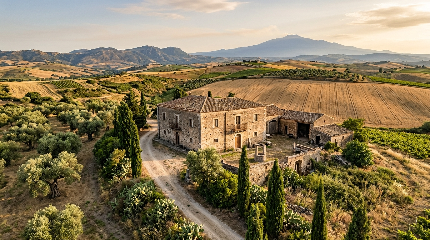Stone farmhouse in rural Sicily countryside